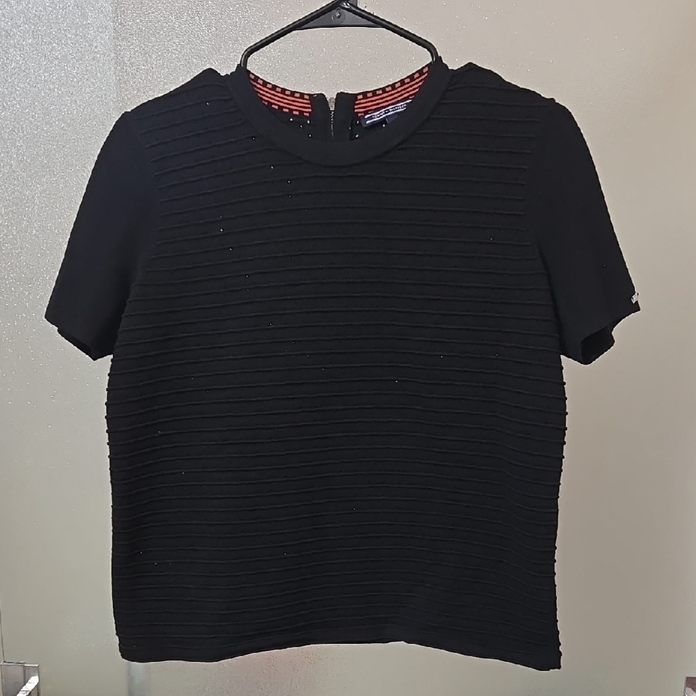 Tommy Hilfiger Black Textured Short Sleeve Sweater Shirt New Without Tag 🇺🇦